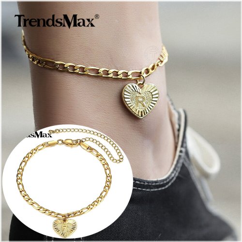 Golden Heart Initial Anklet with Figaro Link