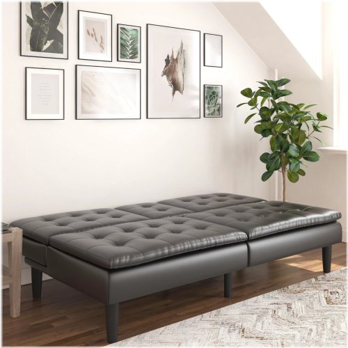 Memory Foam Futon with Cupholder and USB, Black Faux Leather