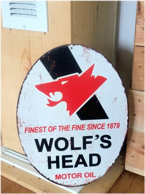 Retro Revival Metal Sign - Wolf's Head Oil & Gas Pump