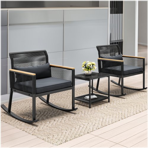 Wicker Rocking Chair Bistro Set with Wood Armrests