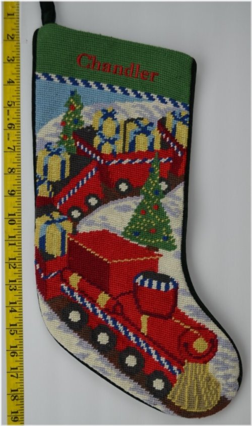 Chandler's Needlepoint Toy Train Christmas Stocking