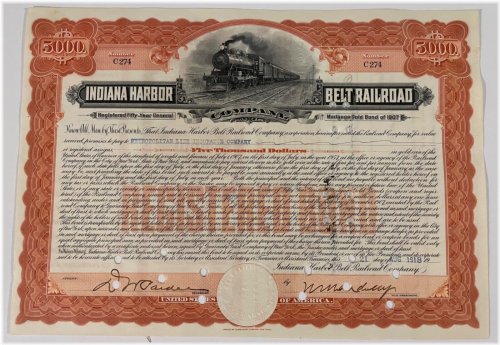 Indiana Harbor Belt Railway Company 1918 Bond Stock Certificate
