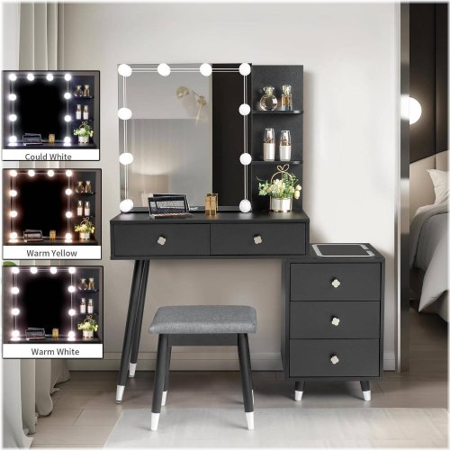 Black Sliding Mirror Vanity Set