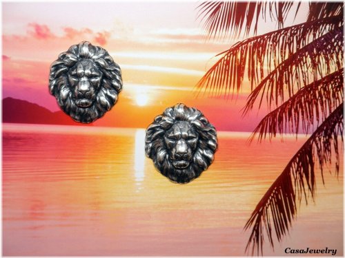 Antiqued Sterling Silver Plated Lion Head Set - 2 Pieces