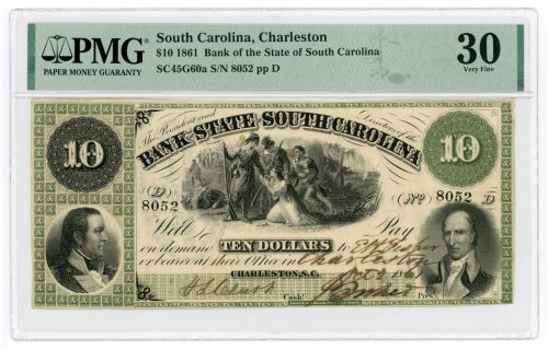 Civil War Era South Carolina $10 Bank Note, 1861 - PMG VF 30