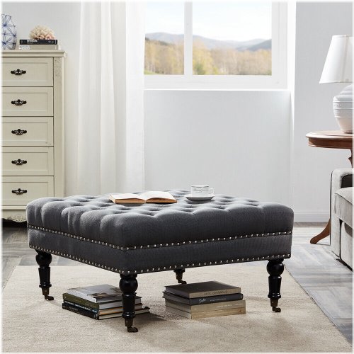 Charcoal Tufted Nailhead Ottoman with Wheels - Large Cushioned Footrest