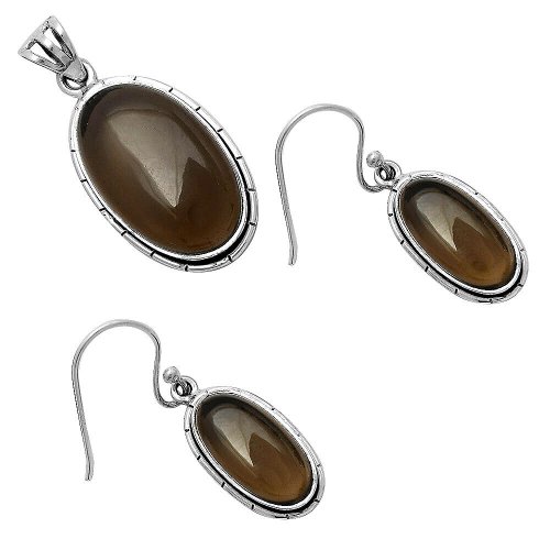 Brazilian Smoky Quartz Sterling Silver Pendant Earrings Set