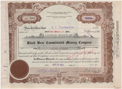 Black Bear Consolidated Mining Company Stock Certificate Nevada