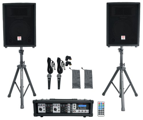 Soundstage Bundle: Mixer/Amp with Dual 10" Speakers, Stands, Mics, and Bluetooth Connectivity