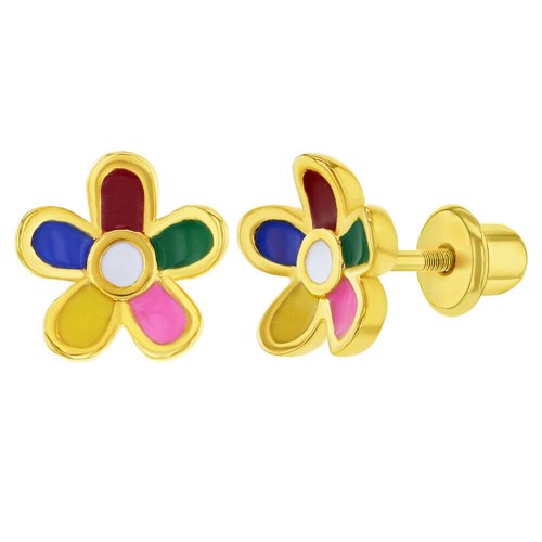 Enamel Flower Toddler Earrings in Gold Plating