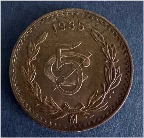 Mexico 5 Centavos Copper Coin (1935) - Choice AU