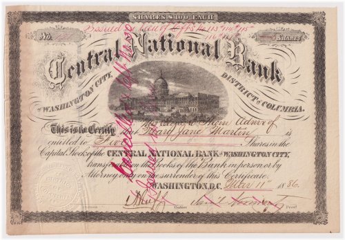 Central National Bank Washington City Stock Certificate