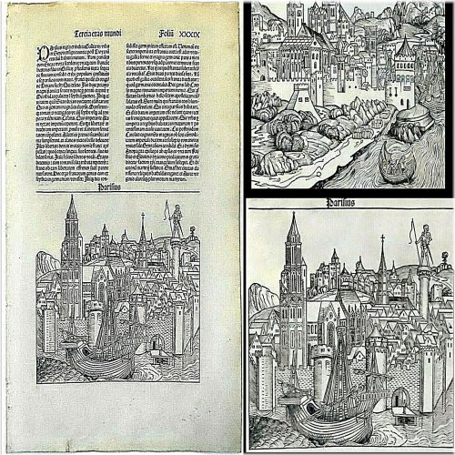 Nuremberg Chronicle Paris Leaf - Hartmann Schedel's First Edition Incunable with Boat Illustration