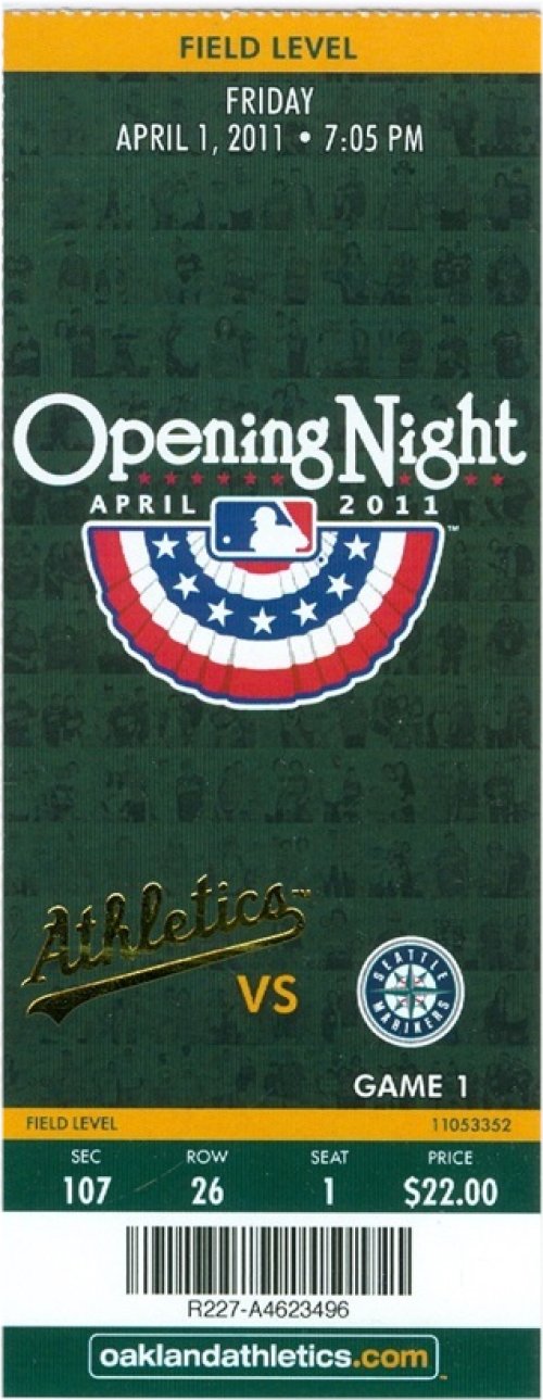 Oakland A's vs Mariners 2011 Opening Day Ticket Stub featuring Felix Hernandez's Complete Game