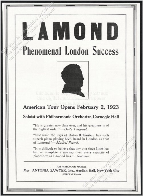 Melodic Echoes: Vintage Print Ad for Frederic Lamond's Silhouette Piano Recital Tour