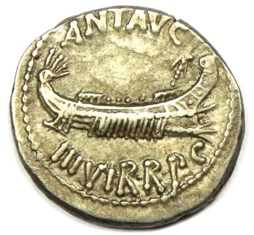 Marc Antony Silver Galley Denarius Coin - 30 BC