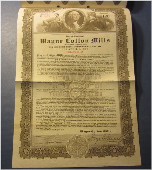 Vintage Mississippi Cotton Mills Gold Bond Certificate