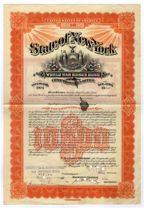 New York War Bonus Bond - Frederick W. Vanderbilt Edition