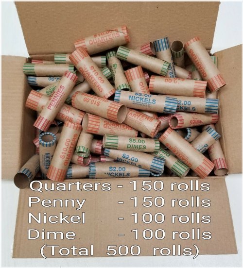 Assorted Preformed Coin Wrappers - 500 Rolls for Quarters, Pennies, Nickels, and Dimes