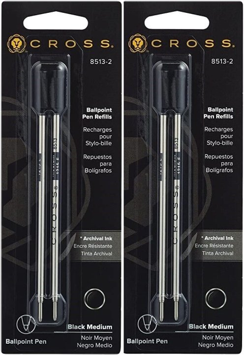 Cross Genuine Ballpoint Pen Refills, #8513, Black Medium, 2 Packs, 4 Refills