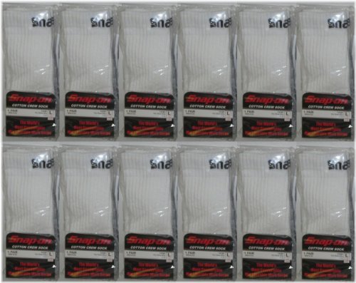 Snap-On Crew Socks (White/Large) - 12 Pairs, Made in USA