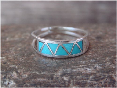 Turquoise Inlay Zuni Sterling Silver Ring - Size 10.5