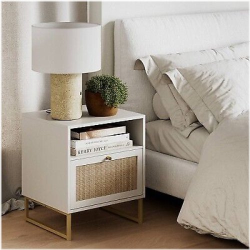 Rattan and Wood Nightstand Side Table