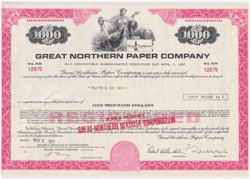 Great Northern Paper Company Bond Stock Certificate
