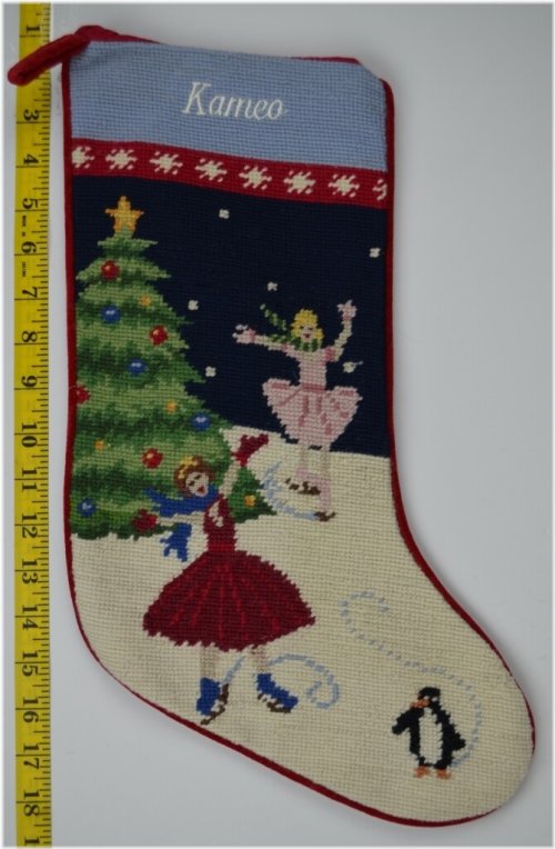 Frosty Skaters Wool Needlepoint Christmas Stocking