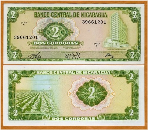 Nicaraguan 2 Cordobas 1972 Pick 121 C-Serie UNC