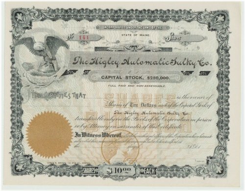 Higley Automatic Sulky Co. Historical Certificate