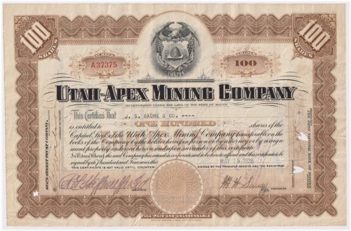 Utah-Apex Mining Company Stock Certificate (Maine)