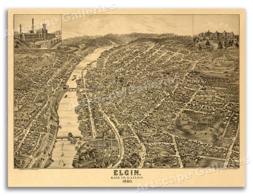 Elgin Illinois 1880 Historic Panoramic Town Map - 18x24