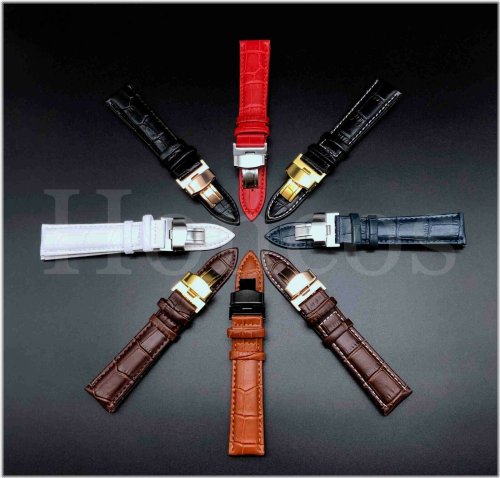 Black Alligator Leather Deployment Clasp Watch Strap in 12-24MM