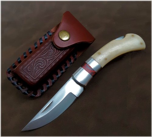 Bone Lockback Folding Knife with Leather Sheath