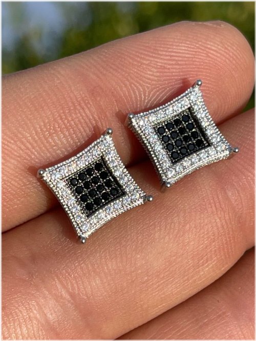 Sterling Silver Kite Square Black CZ Stud Earrings