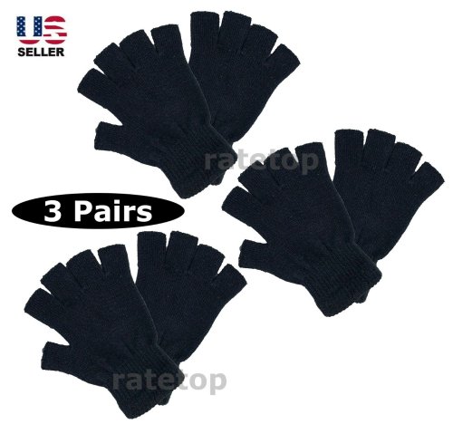 Black Knit Half Finger Gloves for Men and Women - Set of 3 Packs