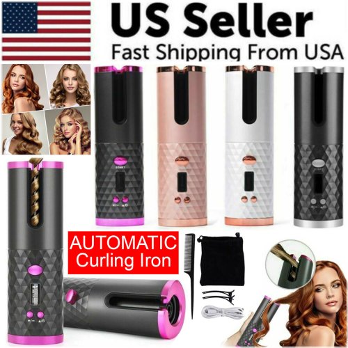 Ceramic Rotating Hair Curler with LCD Display - Wireless and Convenient