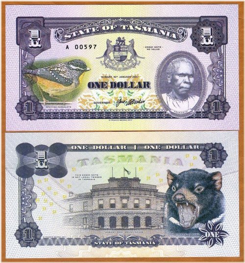 Wildlife and Historical Figures of Tasmania: $1 Private Issue Paper Money 2017 UNC