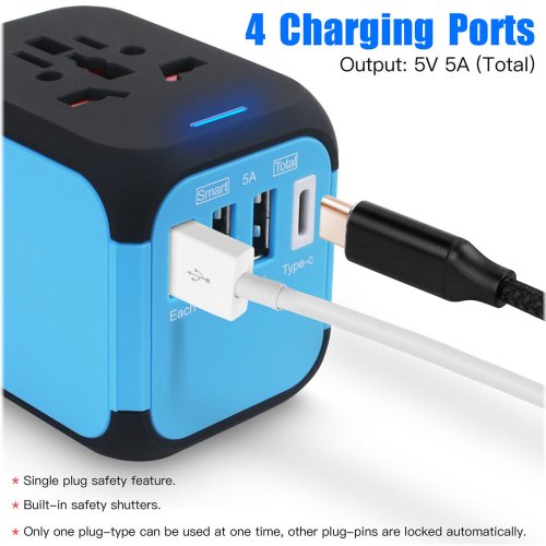 GlobeCharge Universal Plug Adapter with Type C and 3 USB Ports