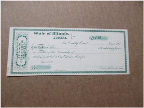 Illinois County Court Juror's Certificate of Insanity Antique