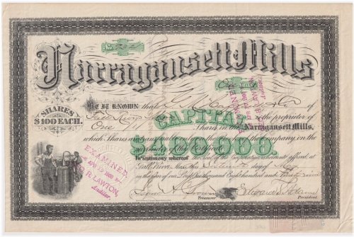 Narragansett Mills Historical Stock Certificate