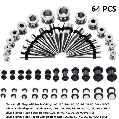 Acrylic Ear Stretching Set with 64 Pieces of Tapers and Plugs in Various Sizes