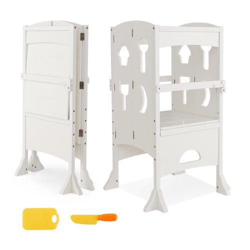 Little Helper Step Stool - Foldable Wooden Kitchen Stool for Kids and Toddlers - White