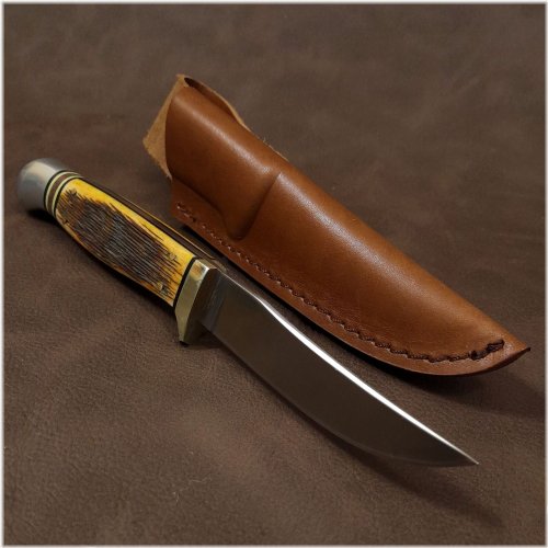 Amber Bone Hunter Bowie Knife with Leather Sheath by Kissing Crane