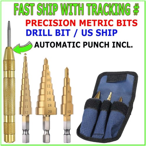 Titanium Step Drill Set with Automatic Center Punch - 4 Piece Set, 1/4 Quick Change