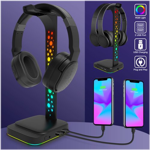 Double Headset Desk Stand with RGB Lighting and USB Ports