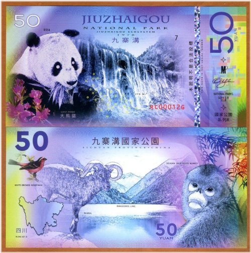 Nature's Treasury: Jiuzhaigou National Park 50 Yuan Polymer Panda Monkey 2018