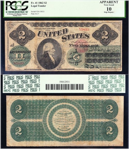 1862 $2 Hamilton "Greenback" US Legal Tender Note
