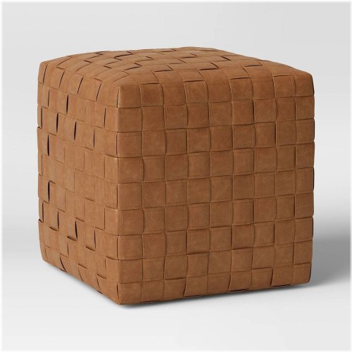 Rustic Woven Leather Cube Ottoman